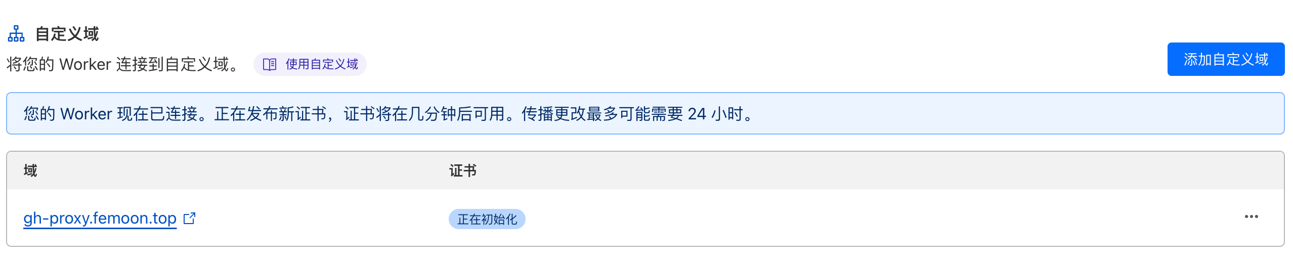 Cloudflare 会自动给已经绑定的域名增加一个子域名，等证书发布完成（几分钟）点击链接就能直接进到自己部署的 ghproxy 页面了