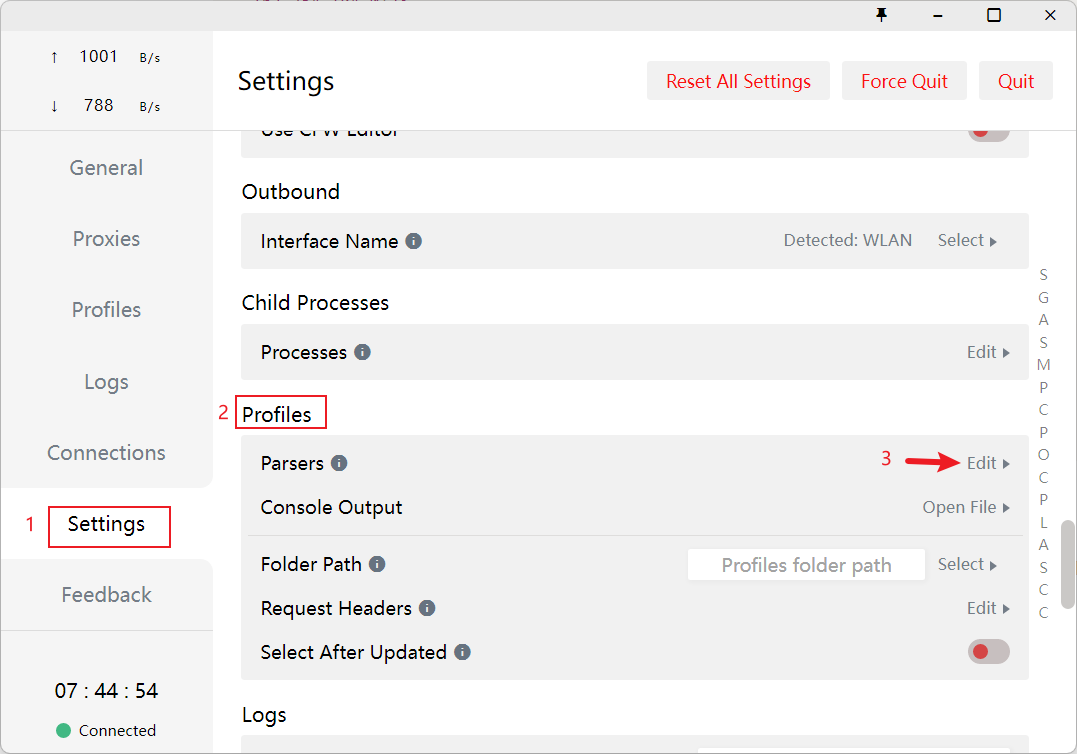 打开 Clash 点击左侧的 Settings → Profiles → Parsers(Edit)